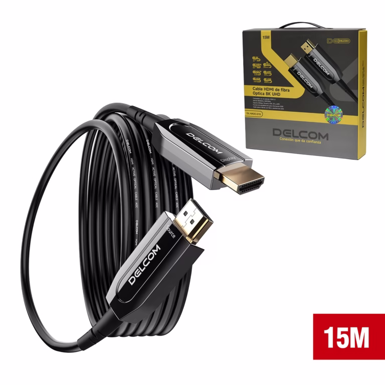 Cable HDMI de 15MT 8K @60Hz en Fibra Optica AOC v2.1 HDR eARC 48Gbps Delcom DL-HAOC-015, Cable HDMI 2.1 de Fibra Óptica Activa (AOC) Delcom de 15 metros, mostrando conectores metálicos dorados Source y Display, para transmisión 8K sin pérdidas, producto de HD Multimedia PERU SAC.