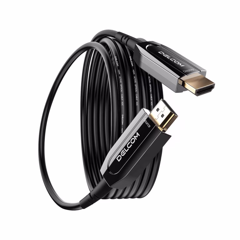 Cable HDMI de 15MT 8K@60Hz en Fibra Optica AOC v2.1 HDR eARC 48Gbps Delcom DL-HAOC-015, Cable HDMI 2.1 de Fibra Óptica Activa (AOC) Delcom de 15 metros, mostrando conectores metálicos dorados Source y Display, para transmisión 8K sin pérdidas, producto de HD Multimedia PERU SAC.