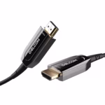 Cable HDMI de 15MT 8K@60Hz en Fibra Optica AOC v2.1 HDR eARC 48Gbps Delcom DL-HAOC-015, Cable HDMI 2.1 de Fibra Óptica Activa (AOC) Delcom de 15 metros, mostrando conectores metálicos dorados Source y Display, para transmisión 8K sin pérdidas, producto de HD Multimedia PERU SAC.