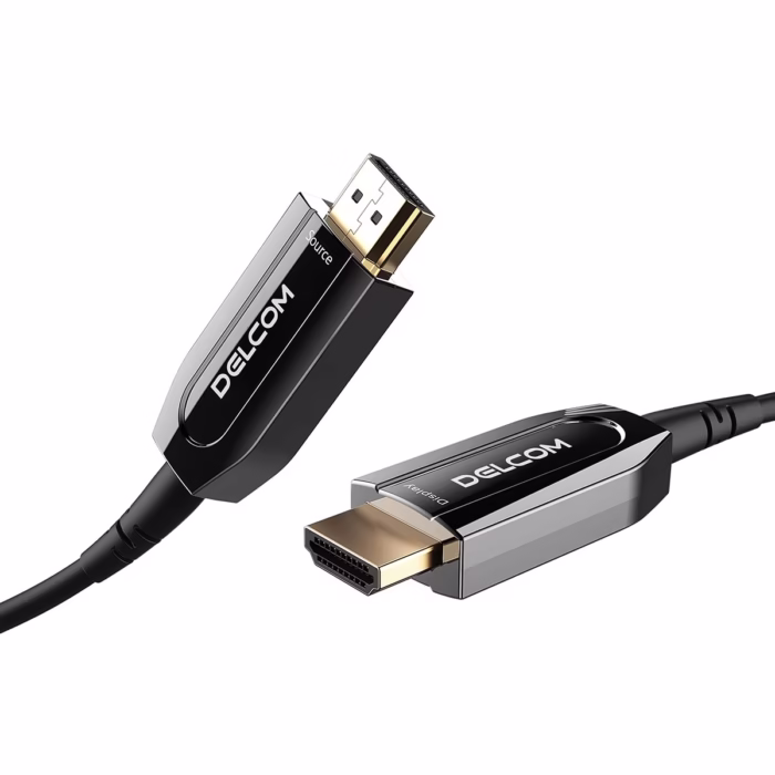 Cable HDMI de MT KHz en Fibra Optica AOC v HDR eARC Gbps Delcom DL HAOC  Cable HDMI  de Fibra Óptica Activa AOC Delcom de  metros mostrando conectores metálicos dorados Source y Display para transmisión K sin pérdidas producto de HD Multimedia PERU SAC