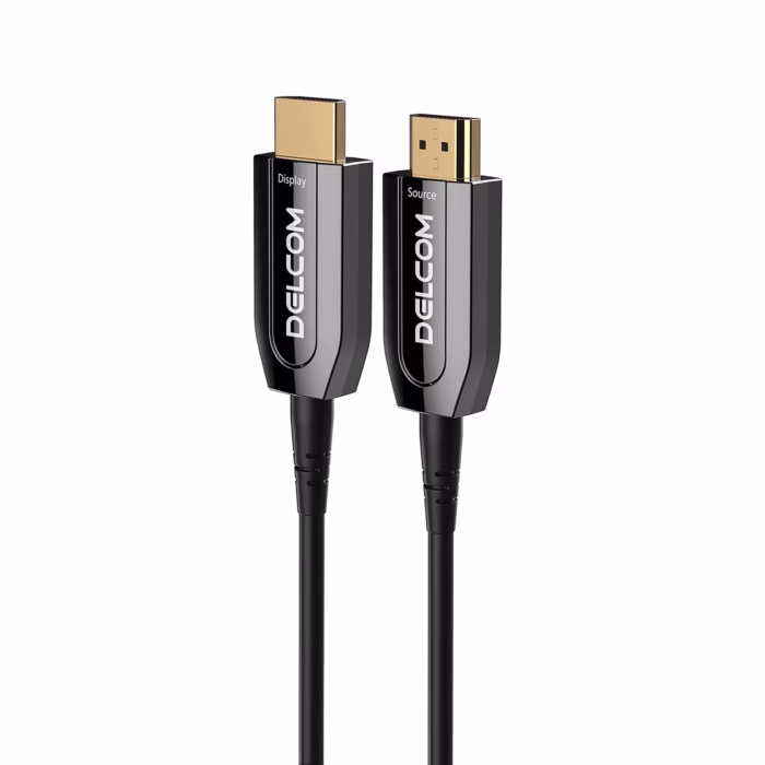 Cable HDMI de MT KHz en Fibra Optica AOC v HDR eARC Gbps Delcom DL HAOC  Cable HDMI  de Fibra Óptica Activa AOC Delcom de  metros mostrando conectores metálicos dorados Source y Display para transmisión K sin pérdidas producto de HD Multimedia PERU SAC