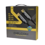 Cable HDMI de 15MT 8K@60Hz en Fibra Optica AOC v2.1 HDR eARC 48Gbps Delcom DL-HAOC-015, Cable HDMI 2.1 de Fibra Óptica Activa (AOC) Delcom de 15 metros, mostrando conectores metálicos dorados Source y Display, para transmisión 8K sin pérdidas, producto de HD Multimedia PERU SAC.