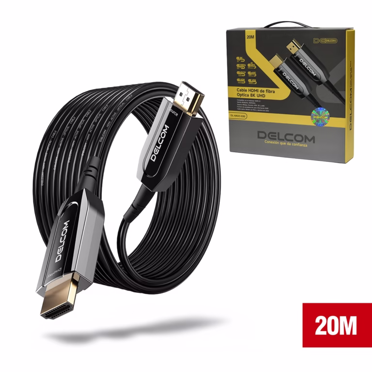 Cable HDMI de 20MT 8K@60Hz en Fibra Optica AOC v2.1 HDR eARC 48Gbps Delcom DL-HAOC-020, Cable HDMI 2.1 de Fibra Óptica Activa (AOC) Delcom de 20 metros, mostrando sus conectores metálicos dorados marcados como 'Source' y 'Display', un producto de HD Multimedia PERU SAC.