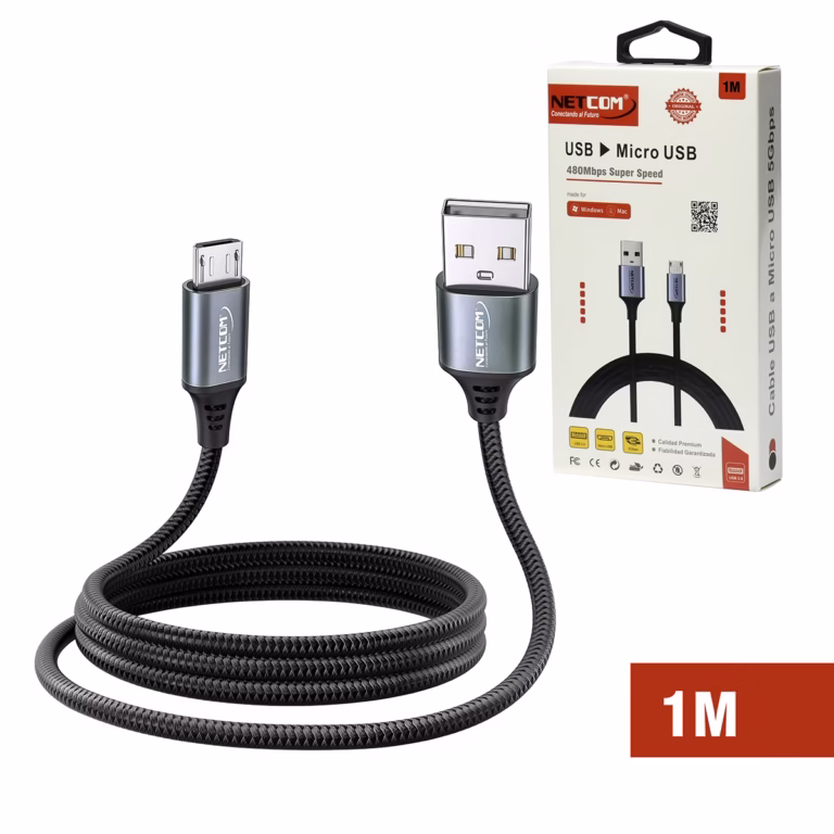 Cable Micro USB a USB 1Mt Enmallado 480Mbps 18W Premium NETCOM PE-CA0110, Cable Micro USB a USB de 1 metro Netcom PE-CA0110, enmallado en nylon y con conectores de aluminio, un producto para carga rápida de HD Multimedia PERU SAC.