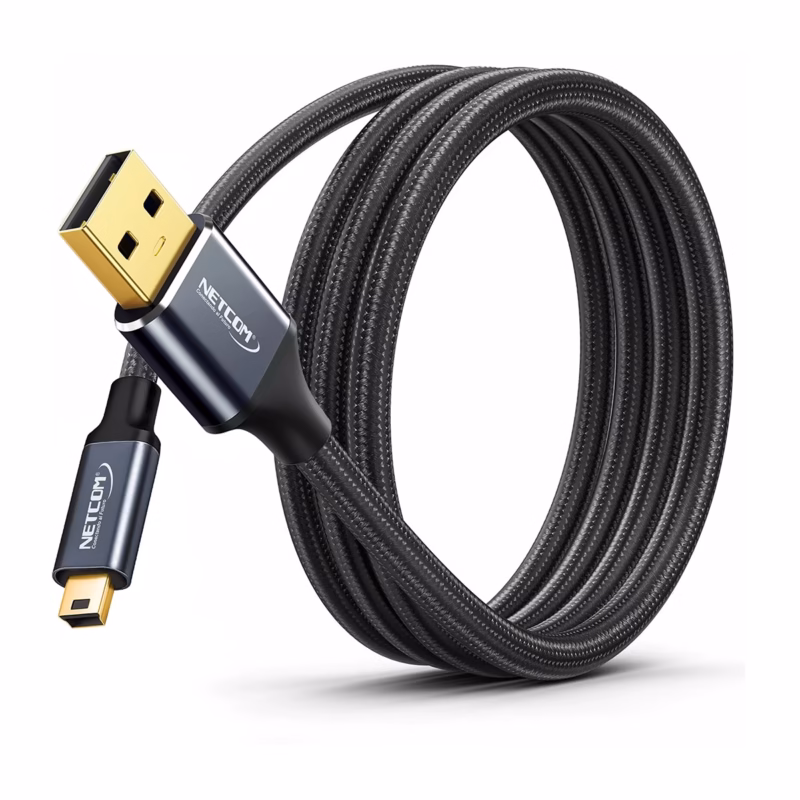 Cable Mini USB 5 Pines a USB 1.8Mts Enmallado 480Mbps Premium NETCOM PE-CA0114, Cable Mini USB 5 Pines a USB de 1.8 metros Netcom PE-CA0114, enmallado en nylon y con conectores de aluminio, un producto para PS3 y cámaras de HD Multimedia PERU SAC.