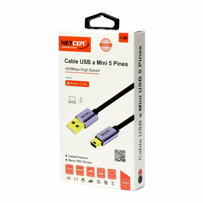 Cable Mini USB  Pines a USB Mts Enmallado Mbps Premium NETCOM PE CA Cable Mini USB  Pines a USB de  metros Netcom PE CA enmallado en nylon y con conectores de aluminio un producto para PS y cámaras de HD Multimedia PERU SAC