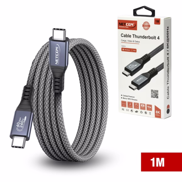 Cable Thunderbolt 4 1MT USB-C 3.2 Gen2 40Gbps 8K@60Hz 240W NETCOM PE-PH0267, Cable Thunderbolt 4 (USB-C a USB-C) de 1 metro Netcom PE-PH0267, enmallado y con conectores de aluminio, soporta 40Gbps, 240W PD y 8K, un producto de HD Multimedia PERU SAC.