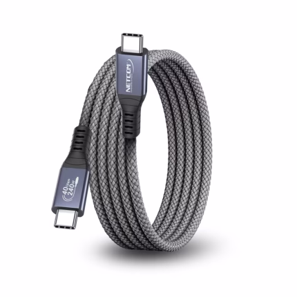 Cable Thunderbolt 4 1MT USB-C 3.2 Gen2 40Gbps 8K@60Hz 240W NETCOM PE-PH0267, Cable Thunderbolt 4 (USB-C a USB-C) de 1 metro Netcom PE-PH0267, enmallado y con conectores de aluminio, soporta 40Gbps, 240W PD y 8K, un producto de HD Multimedia PERU SAC.