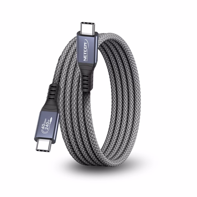 Cable Thunderbolt 4 1MT USB-C 3.2 Gen2 40Gbps 8K@60Hz 240W NETCOM PE-PH0267, Cable Thunderbolt 4 (USB-C a USB-C) de 1 metro Netcom PE-PH0267, enmallado y con conectores de aluminio, soporta 40Gbps, 240W PD y 8K, un producto de HD Multimedia PERU SAC.