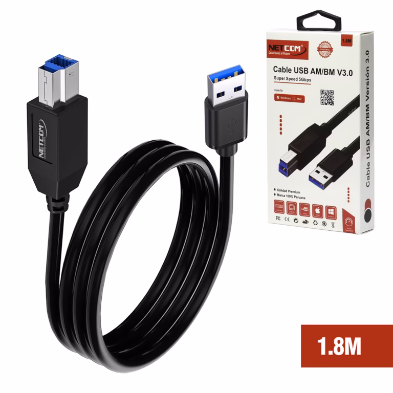 Cable USB 3.0 Tipo B a USB-A de 1.8MT 5Gbps Netcom PE-US0022, Cable USB 3.0 Tipo B (para disco duro) a USB-A Netcom PE-US0022 de 1.8 metros, con conectores metálicos, un producto de HD Multimedia PERU SAC.
