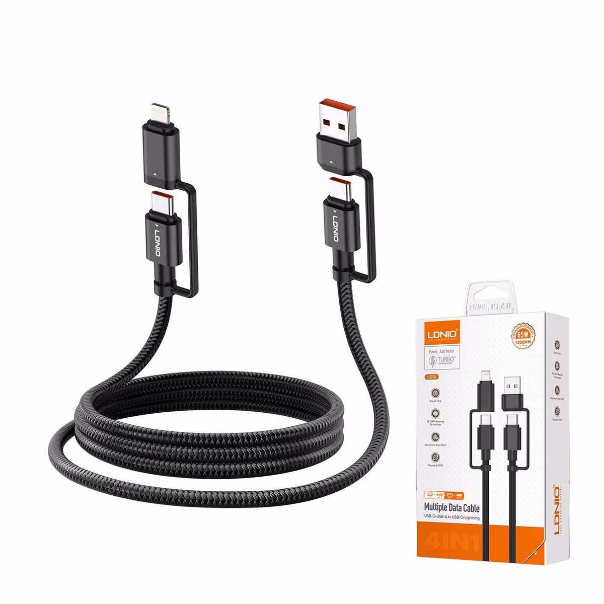 Cable USB 4 en 1 USB-C Lightning USB-A 1.2M 65W Enmallado LDNIO LC16_____ Cable USB 4 en 1 USB-C Lightning USB-A 1.2M 65W Enmallado LDNIO LC16, Cable de datos y carga 65W LDNIO LC16 cargando laptop y iPhone simultáneamente venta en HD Multimedia PERU SAC