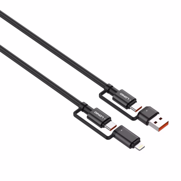 Cable USB 4 en 1 USB-C Lightning USB-A 1.2M 65W Enmallado LDNIO LC16, Cable de datos y carga 65W LDNIO LC16 cargando laptop y iPhone simultáneamente venta en HD Multimedia PERU SAC