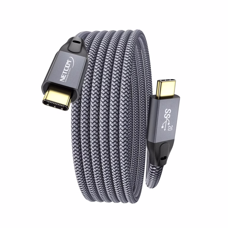 Cable USB-C 1.8MT Gen2x2 20Gbps 4K@60Hz 240W NETCOM PE-CA0302, Cable USB-C a USB-C de 1.8 metros Netcom PE-CA0302, enmallado y con conectores de aluminio, soporta 20Gbps, 240W PD y 4K, un producto de HD Multimedia PERU SAC.