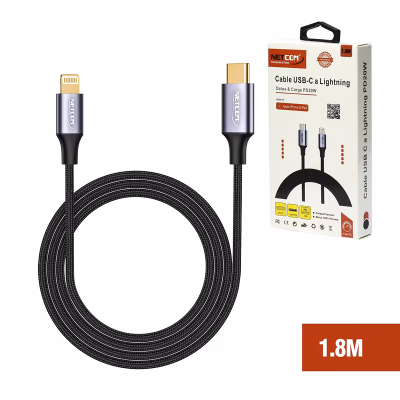 Cable USB C a Lightning NETCOM PE AC  Metros PD W Enmallado Mbps