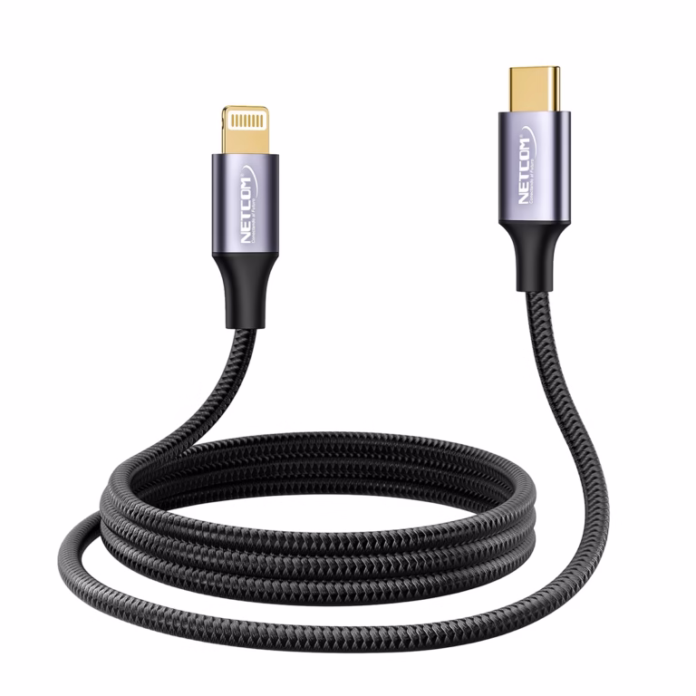 Cable USB-C a Lightning 1M PD 20W Enmallado 480Mbps NETCOM PE-AC0112, Cable USB-C a Lightning de 1 metro Netcom PE-AC0112, enmallado en nylon y con conectores de aluminio, un producto para carga rápida de iPhone de HD Multimedia PERU SAC.