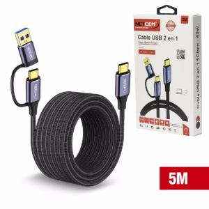 Cable USB-C a USB-C 5MT Con Adaptador USB-A 3.0 5Gbps 60W NETCOM PE-CA0085, Cable USB-C a USB-C de 5 metros Netcom PE-CA0085, enmallado y con conectores de aluminio, junto a su adaptador USB-A, soporta 5Gbps y 60W, un producto de HD Multimedia PERU SAC.