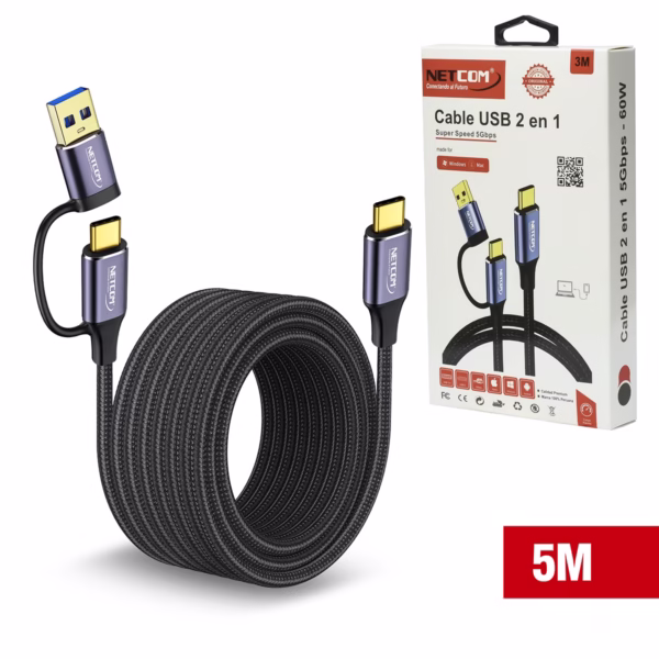 Cable USB-C a USB-C 5MT Con Adaptador USB-A 3.0 5Gbps 60W NETCOM PE-CA0085, Cable USB-C a USB-C de 5 metros Netcom PE-CA0085, enmallado y con conectores de aluminio, junto a su adaptador USB-A, soporta 5Gbps y 60W, un producto de HD Multimedia PERU SAC.