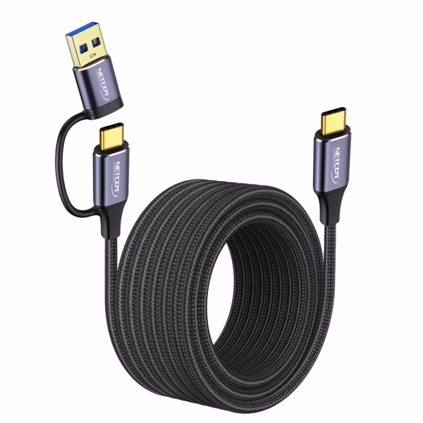 Cable USB-C a USB-C 5MT Con Adaptador USB-A 3.0 5Gbps 60W NETCOM PE-CA0085, Cable USB-C a USB-C de 5 metros Netcom PE-CA0085, enmallado y con conectores de aluminio, junto a su adaptador USB-A, soporta 5Gbps y 60W, un producto de HD Multimedia PERU SAC.