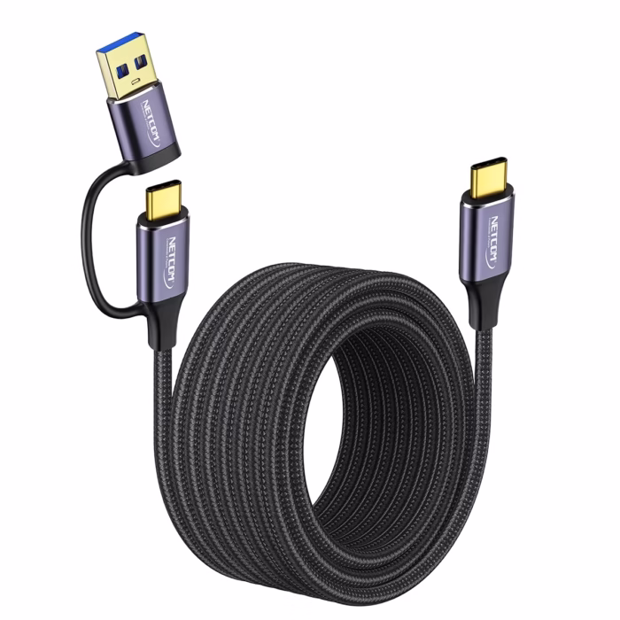 Cable USB C a USB C MT Con Adaptador USB A  Gbps W NETCOM PE CA Cable USB C a USB C de  metros Netcom PE CA enmallado y con conectores de aluminio junto a su adaptador USB A soporta Gbps y W un producto de HD Multimedia PERU SAC