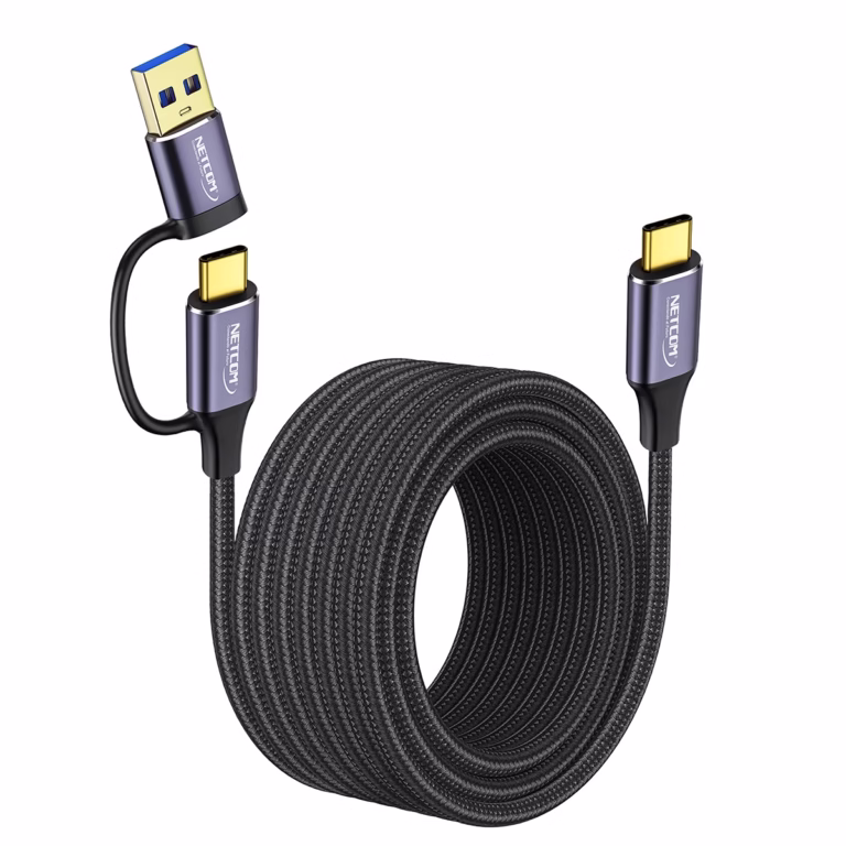 Cable USB-C a USB-C 5MT Con Adaptador USB-A 3.0 5Gbps 60W NETCOM PE-CA0085, Cable USB-C a USB-C de 5 metros Netcom PE-CA0085, enmallado y con conectores de aluminio, junto a su adaptador USB-A, soporta 5Gbps y 60W, un producto de HD Multimedia PERU SAC.