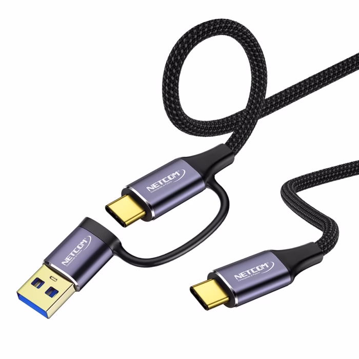 Cable USB C a USB C MT Con Adaptador USB A  Gbps W NETCOM PE CA Cable USB C a USB C de  metros Netcom PE CA enmallado y con conectores de aluminio junto a su adaptador USB A soporta Gbps y W un producto de HD Multimedia PERU SAC