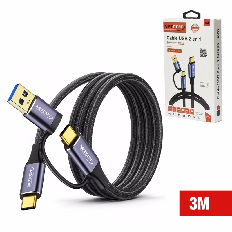 Cable USB C de  Metros Con Adaptador USB A  Gbps W NETCOM PE CA