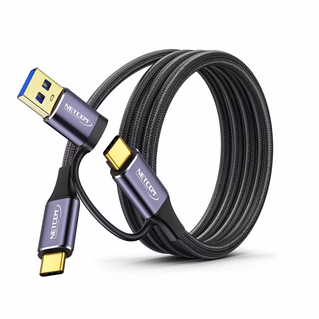 Cable USB C de  Metros Con Adaptador USB A  Gbps W NETCOM PE CA Cable USB C a USB C de  metros Netcom PE CA enmallado y con conectores de aluminio junto a su adaptador USB A soporta Gbps y W un producto de HD Multimedia PERU SAC