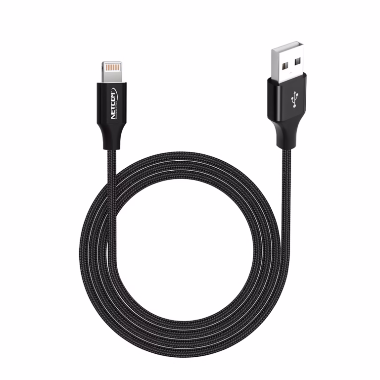 Cable USB a Lightning 1.2MT Enmallado 480Mbps NETCOM PE-AC0111, Cable USB a Lightning de 1.2 metros Netcom PE-AC0111, enmallado en nylon y con conectores metálicos, un producto premium para iPhone de HD Multimedia PERU SAC.