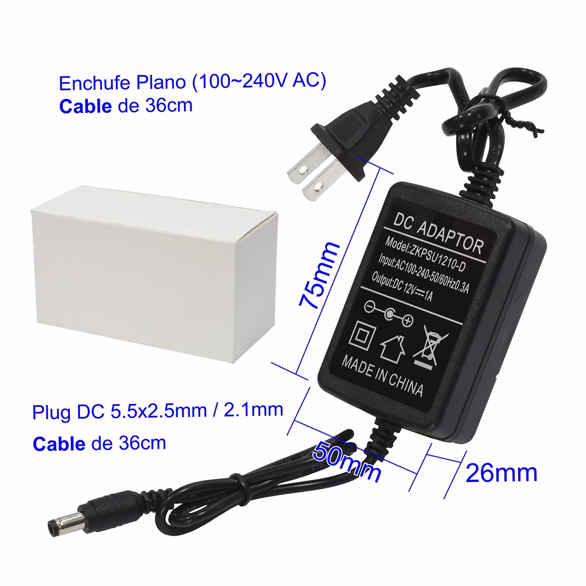 Fuente Regulada 12V 1A ZKTeco ZKPSU1210-D Tipo Switching Original, Adaptador 12V 1A ZKteco, Transformador para Cámara de Seguridad, HD Multimedia PERU SAC