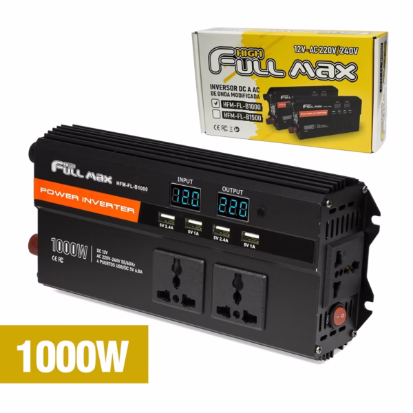 Inversor de Corriente 1000W 12V a 220V para Auto con Pantalla LCD y 4 USB - High Full Max HFM-FL-B1000, Inversor de corriente 1000W High Full Max HFM-FL-B1000 negro con pantalla LCD y múltiples puertos USB, disponible en HD Multimedia PERU SAC.