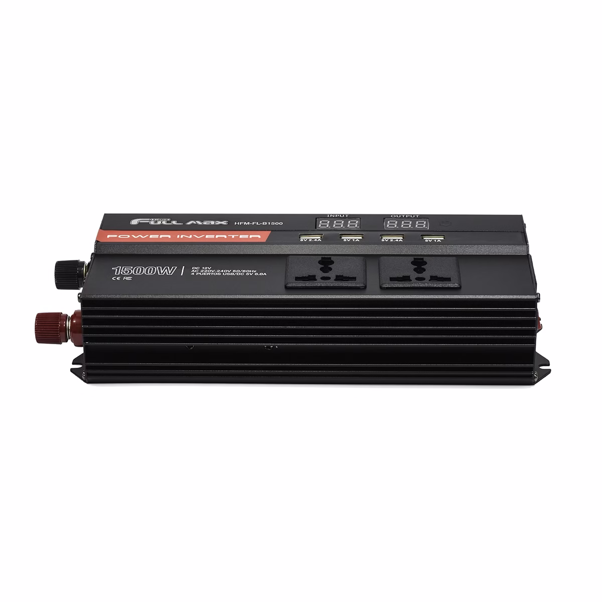 Inversor de Corriente 1500W 12V a 220V para Auto | Onda Modificada | High Full Max HFM-FL-B1500 con Pantalla LCD, Inversor de corriente para Auto de 1500W High Full Max HFM-FL-B1500 negro con pantalla LCD, 3 tomas y puertos USB, disponible en HD Multimedia PERU SAC.