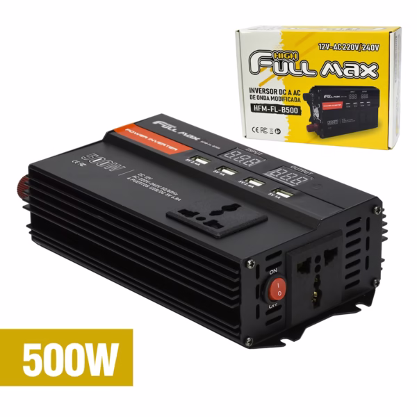 Inversor de Corriente 500W 12V a 220V para Auto con Pantalla LCD y 4 USB - High Full Max HFM-FL-B500, Inversor de corriente 500W High Full Max HFM-FL-B500 color negro con pantalla LCD y puertos USB, producto disponible en HD Multimedia PERU SAC.