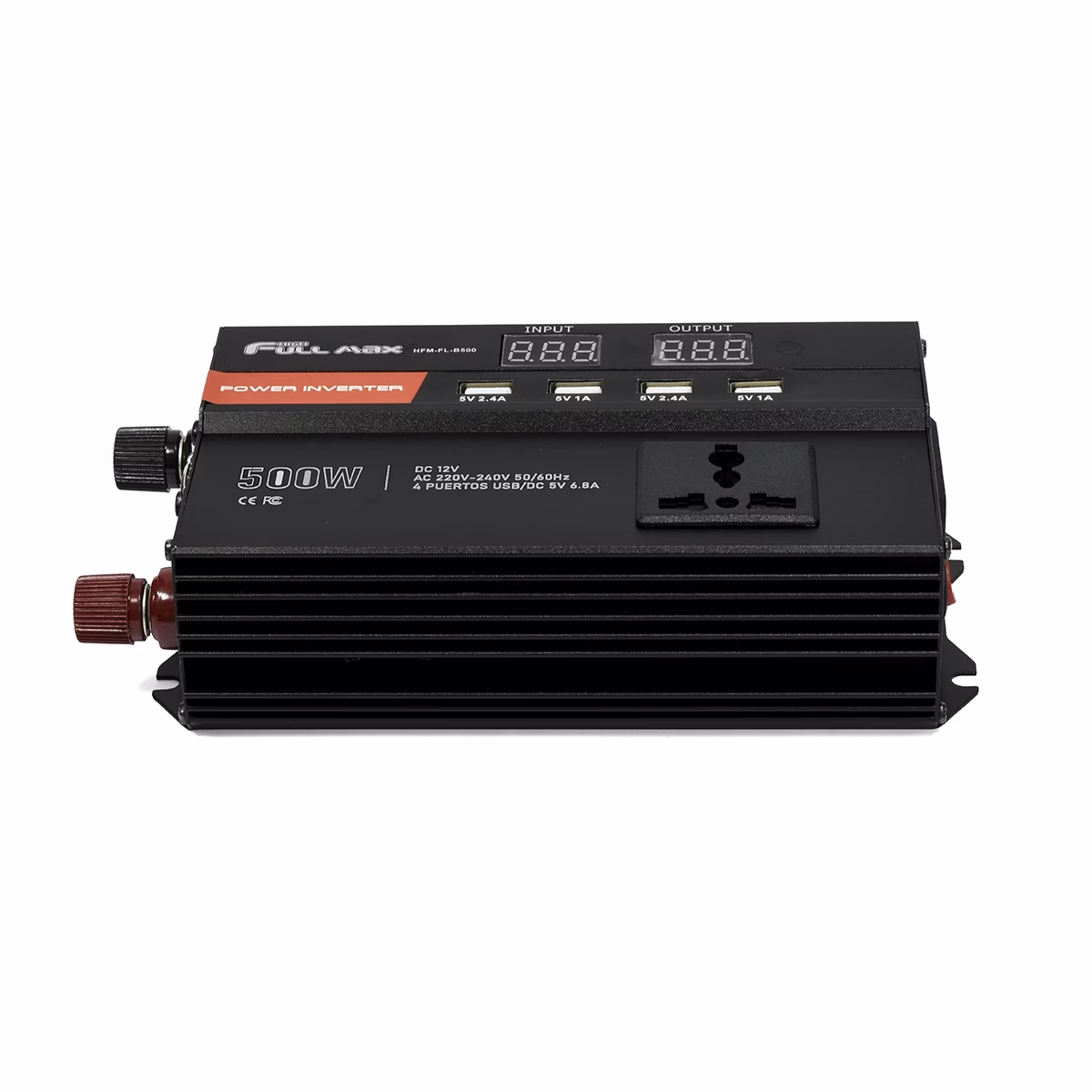 Inversor de Corriente 500W 12V a 220V para Auto con Pantalla LCD y 4 USB - High Full Max HFM-FL-B500, Inversor de corriente 500W High Full Max HFM-FL-B500 color negro con pantalla LCD y puertos USB, producto disponible en HD Multimedia PERU SAC.