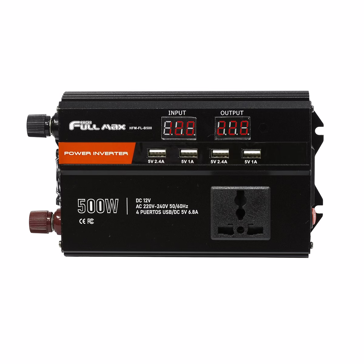 Inversor de Corriente 500W 12V a 220V para Auto con Pantalla LCD y 4 USB - High Full Max HFM-FL-B500, Inversor de corriente 500W High Full Max HFM-FL-B500 color negro con pantalla LCD y puertos USB, producto disponible en HD Multimedia PERU SAC.