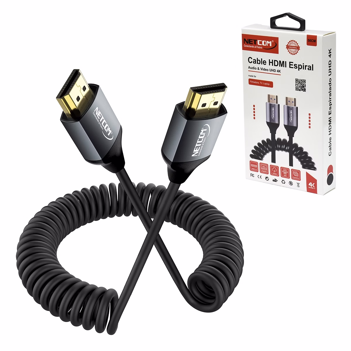 Cable Espiral HDMI 50CM 4K Ultra HD Gold Plated NETCOM PE-HDE102_____ Cable Espiral HDMI 50CM 4K Ultra HD Gold Plated NETCOM PE-HDE102, Cable HDMI helicoidal conectado a cámara y monitor de campo 4K en HD Multimedia PERU SAC