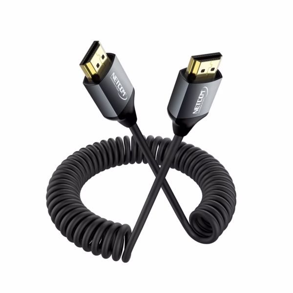 Cable Espiral HDMI 50CM 4K Ultra HD Gold Plated NETCOM PE-HDE102, Cable HDMI helicoidal conectado a cámara y monitor de campo 4K en HD Multimedia PERU SAC
