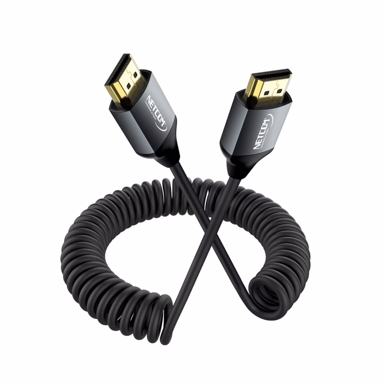Cable Espiral HDMI 50CM 4K Ultra HD Gold Plated NETCOM PE-HDE102, Cable HDMI helicoidal conectado a cámara y monitor de campo 4K en HD Multimedia PERU SAC