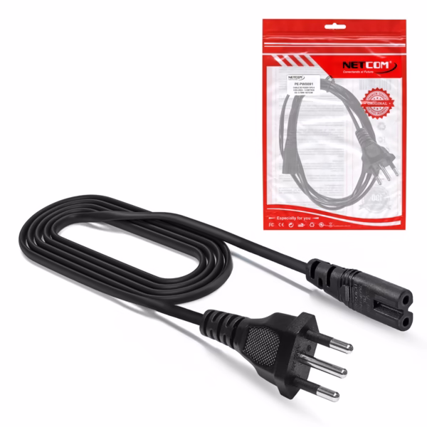 Cable Tipo 8 a 3 en Línea (Tipo L) 1.8M 220V 10A NETCOM PE-PW0091, Cable de Poder Tipo 8 a enchufe 3 en línea norma peruana Netcom PE-PW0091 en HD Multimedia PERU SAC