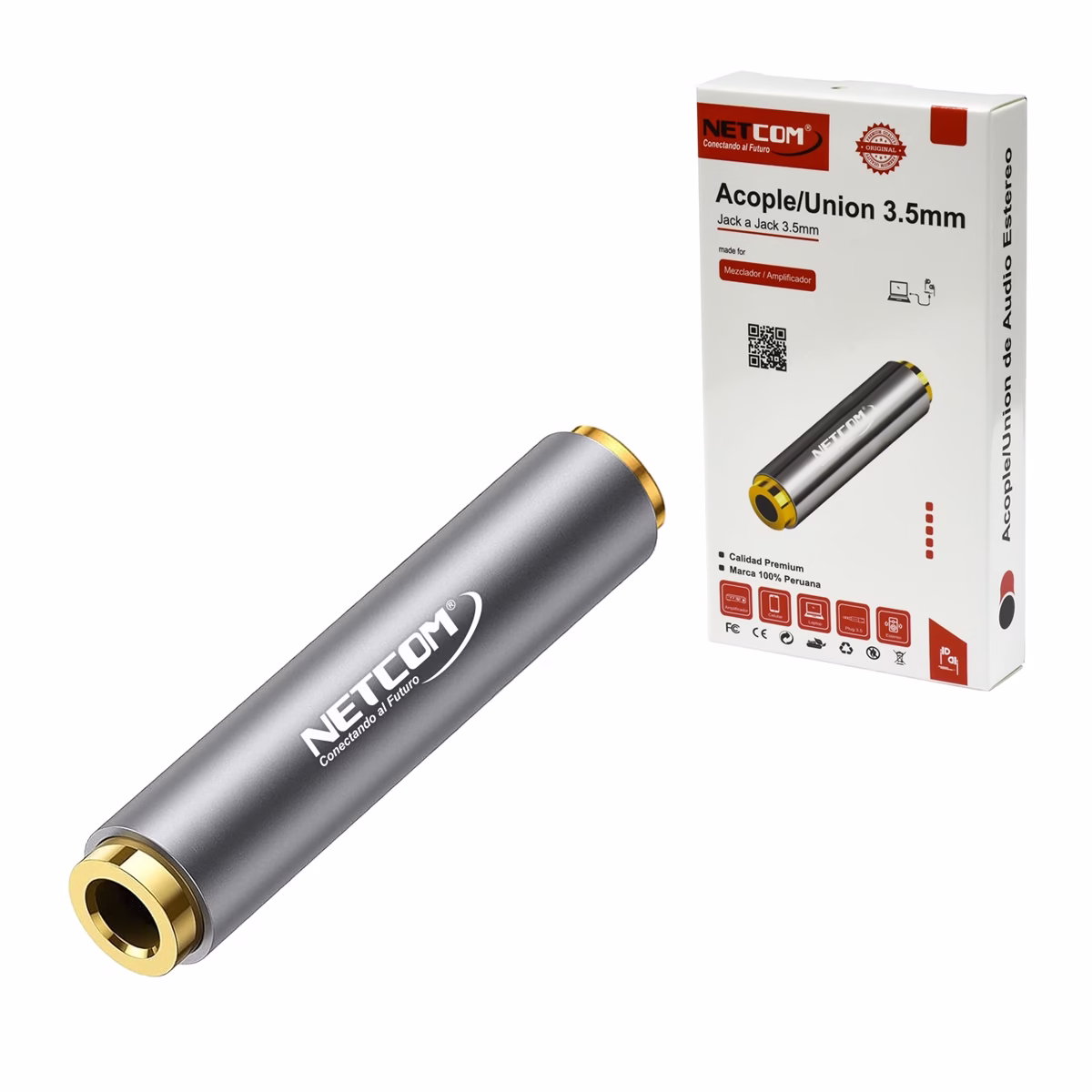 Empalme de Audio Jack 3.5mm TRSS o TRS Estéreo Gold Plated NETCOM PE-AD0010_____ Empalme de Audio Jack 3.5mm TRRS o TRS Estéreo Gold Plated NETCOM PE-AD0010, Acoplador de Audio Estéreo, Unión Jack 3.5mm, Adaptador Unión Jack 3.5mm Gold Plated para Audio y Micrófono en HD Multimedia PERU SAC