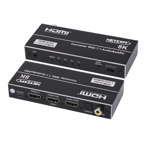 Extractor de Audio HDMI 8K ATMOS 7.1CH Optical Coaxial y Estéreo NETCOM PE-EL0320, Salidas de audio Óptico Coaxial y HDMI Audio Only del extractor Netcom en HD Multimedia PERU SAC