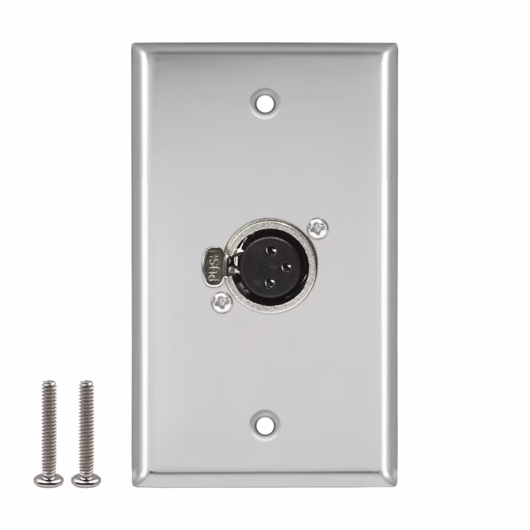 Faceplate Metálico XLR Hembra (Canon) 3-PIN NETCOM PE-XLR101, Placa de Pared con Conector Canon Hembra, Faceplate Metálico XLR Hembra de acero inoxidable Netcom PE-XLR101 entrada de micrófono en HD Multimedia PERU SAC