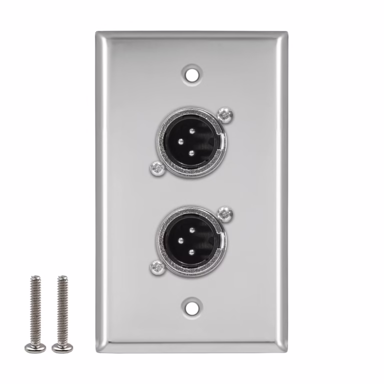 Faceplate de 2 XLR Macho Metálico Canon 3-PIN NETCOM PE-XLR002, Placa de Pared con 2 Canon Macho, Faceplate Doble XLR Macho Metálico Acero Inoxidable Netcom PE-XLR002 en HD Multimedia PERU SAC