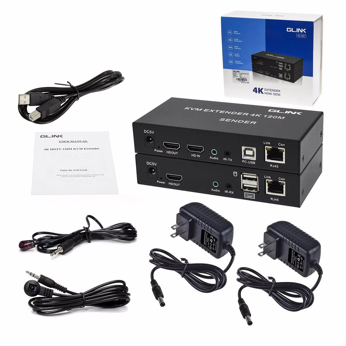 KVM Extender HDMI con USB de 120MT por UTP Glink GL-040 | Teclado Mouse Audio y Video por Cable LAN a Largas Distancias, Extensor de Video Audio Teclado y Mouse por cable LAN, en HD Multimedia PERU SAC
