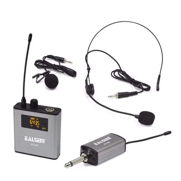 Micrófono Solapero Inalámbrico Recargable EALSEM ES-390 UHF: Alcance de 30 Metros con Vincha y Solapa, Micrófono de vincha inalámbrico UHF Ealsem conectado a receptor recargable en HD Multimedia PERU SAC