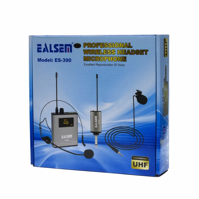 Micrófono Solapero Inalámbrico Recargable EALSEM ES  UHF Alcance de  Metros con Vincha y Solapa Micrófono de vincha inalámbrico UHF Ealsem conectado a receptor recargable en HD Multimedia PERU SAC