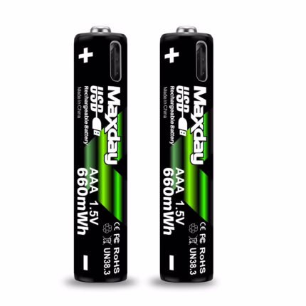 Pack 2 Pilas Recargables AAA Li-ion 1.5V USB-C MaxDay MD-99022 de 660mWh, Blister de 2 baterías AAA Litio 1.5V MaxDay MD-99022 para control remoto en HD Multimedia PERU SAC