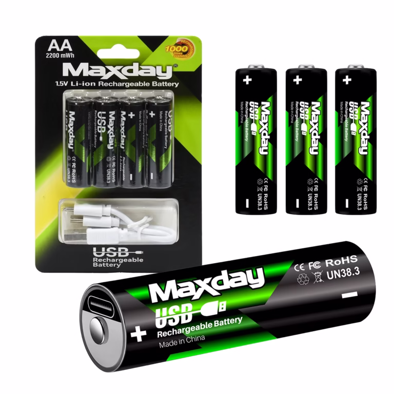 Pack 4 Pilas AA Recargables Li-ion 1.5V USB-C 2200mWh MaxDay MD-99021, Baterías AA Litio 1.5V MaxDay compatibles con controles Xbox y juguetes en HD Multimedia PERU SAC