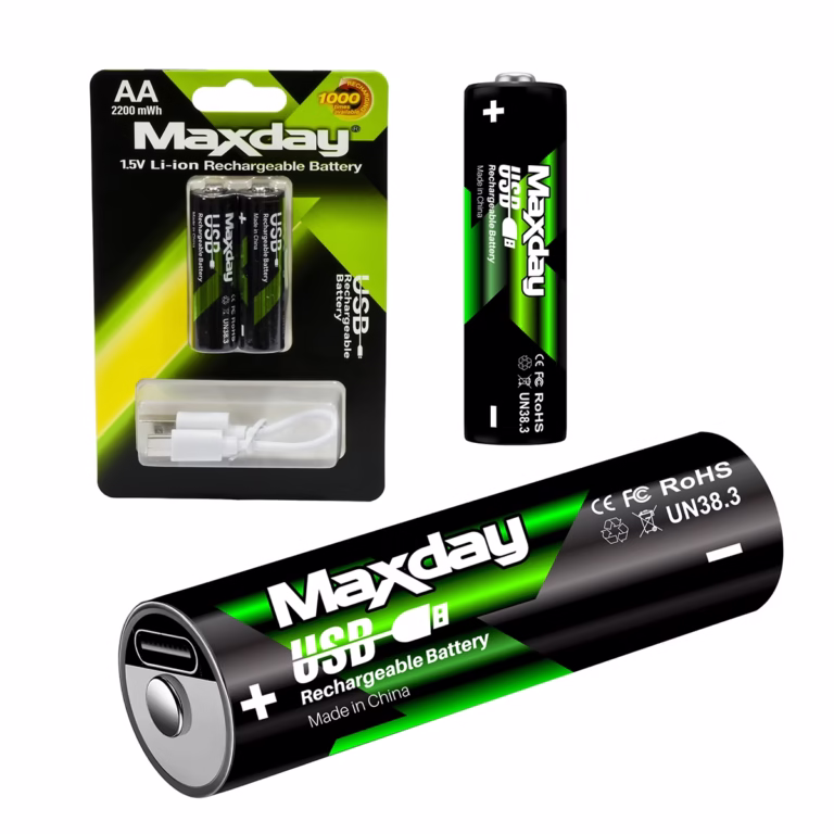 Pack 2 Pilas AA Recargables Li-ion 1.5V USB-C 2200mWh MaxDay MD-99020, Blister de 2 baterías AA Litio 1.5V MaxDay MD-99020 en HD Multimedia PERU SAC