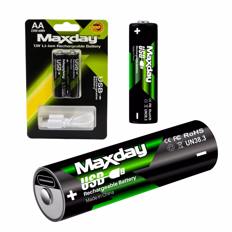 Pack 2 Pilas AA Recargables Li-ion 1.5V USB-C 2200mWh MaxDay MD-99020, Blister de 2 baterías AA Litio 1.5V MaxDay MD-99020 en HD Multimedia PERU SAC