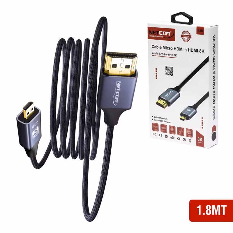 Cable Micro HDMI 8K NETCOM PE-HD0702 1.8 Metros Calidad Premium para Cámara Tablet Laptop y TV, Distribuído en HD Multimedia PERU SAC